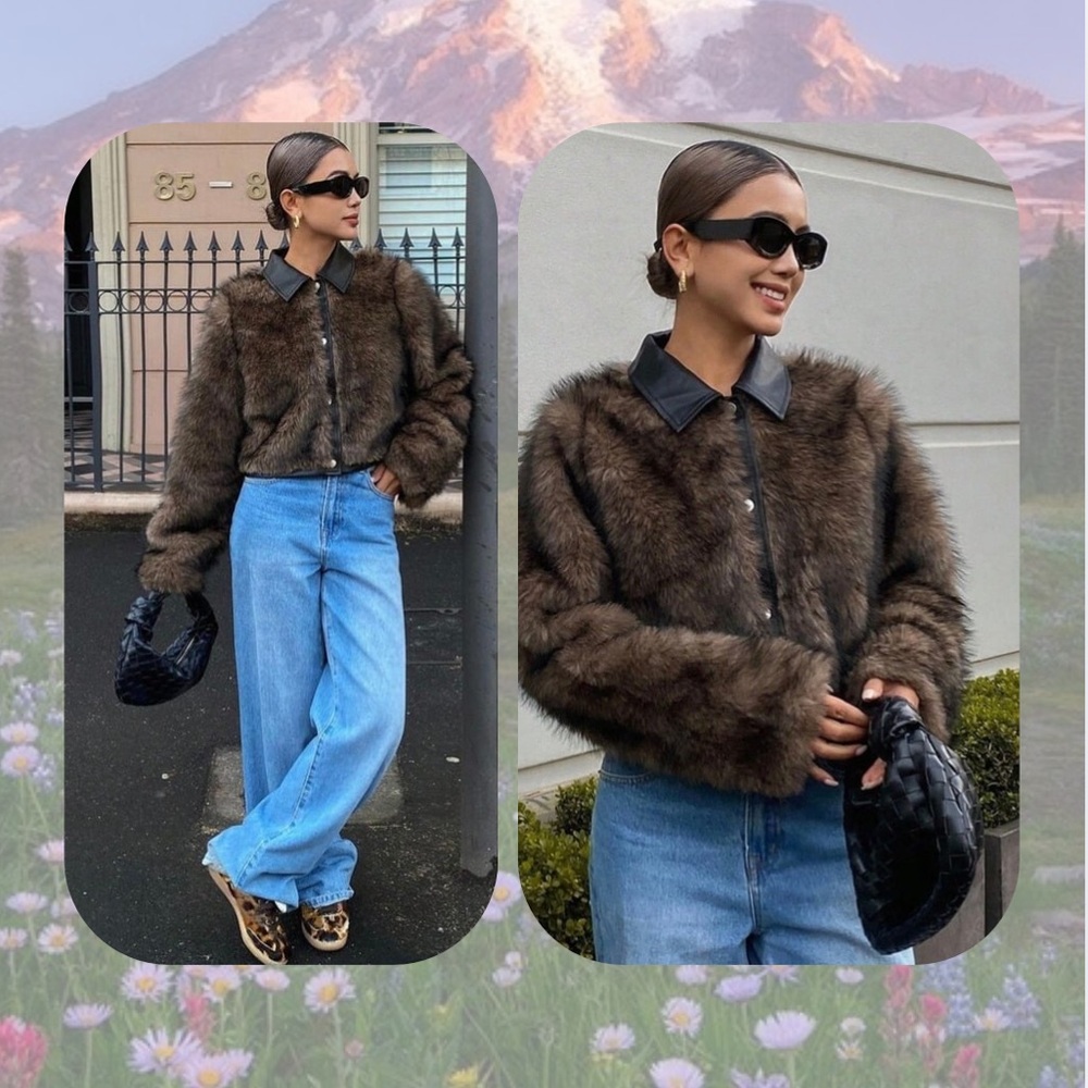 🎉DAZY Brown Faux Fur & Faux Leather Contrast Trim Snap Up Button Cropped Jacket